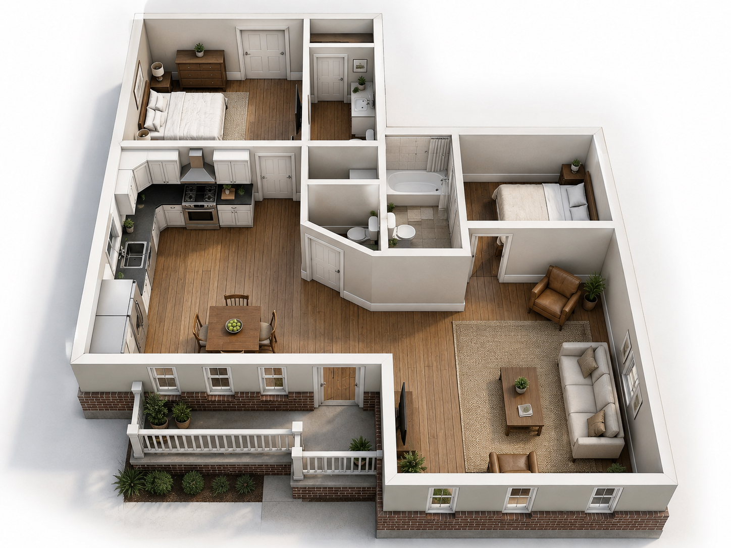 Dollhouse view of The Brindle 2 bedroom 2.5 bathroom floor plan