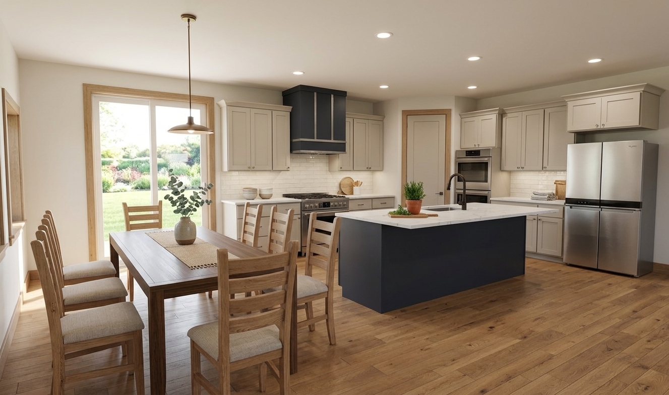 Kitchen and dining rendering inside The Rock Hardy Homes concept
