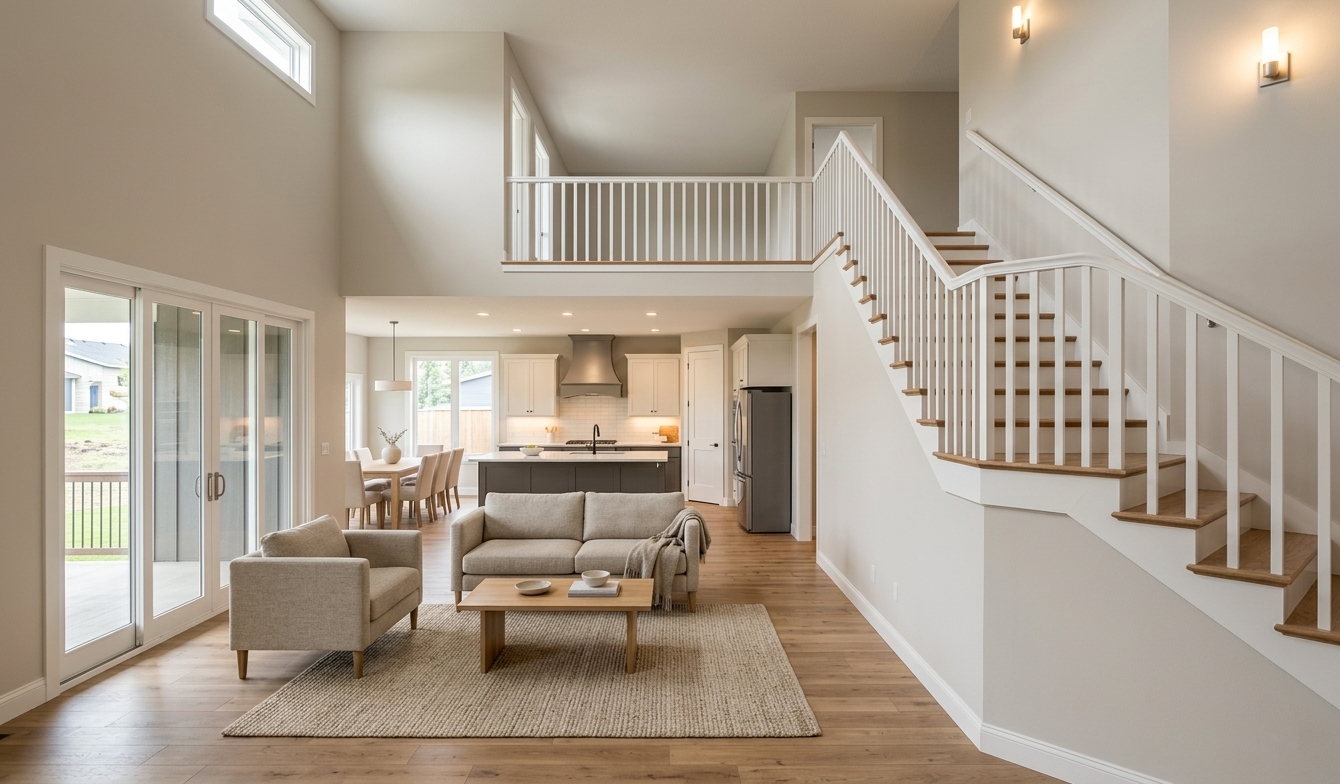 Living room rendering inside The Rock Hardy Homes concept
