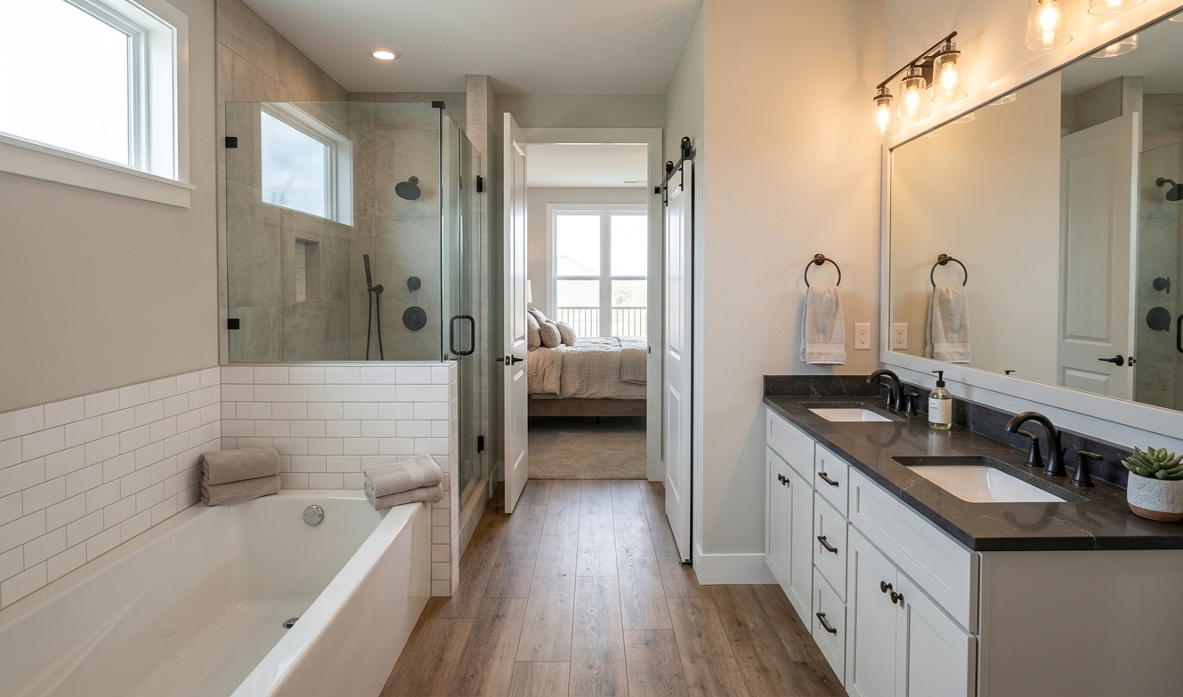 Primary bathroom rendering inside The Rock Hardy Homes concept