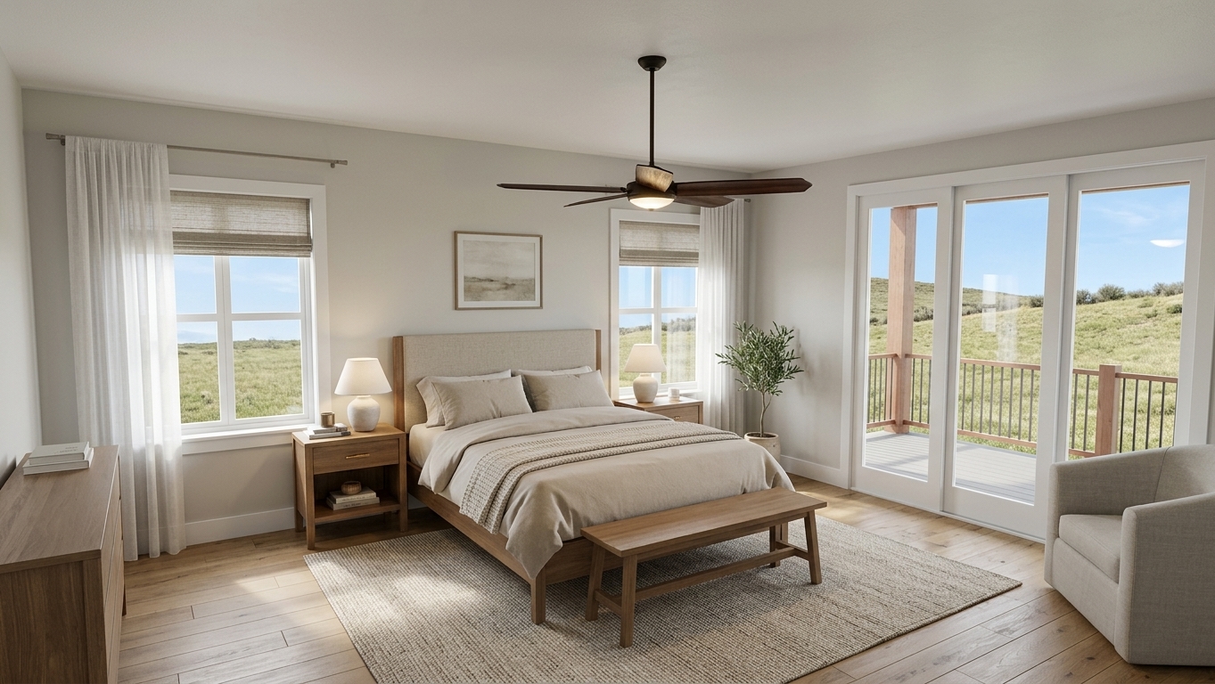 Primary bedroom rendering inside The Rock Hardy Homes concept